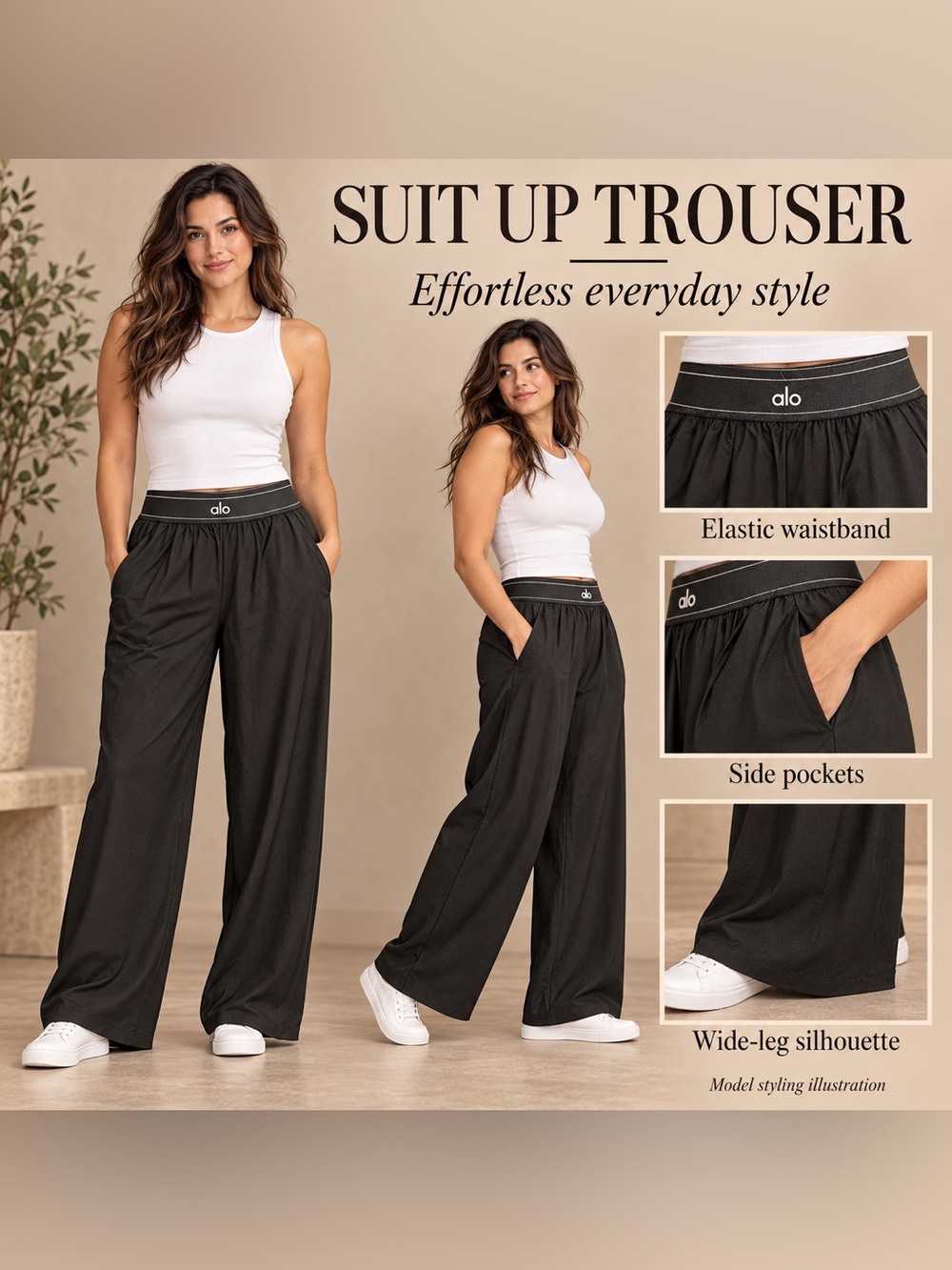 ALO Yoga Black Wide-Leg Suit Up Trousers with Branded Waistband NWOT